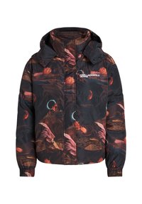 Casaco puffer com capuz, apresentando uma impressão de paisagem abstrata multicolorida. Feito de material sintético, com punhos elásticos e detalhe com marca.