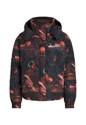 Giacca a vento imbottita con cappuccio, caratterizzata da una stampa paesaggistica astratta multicolore. Realizzata in materiale sintetico, con polsini elasticizzati e dettagli con il marchio.