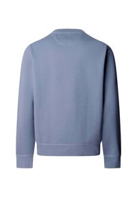 Felpa girocollo a maniche lunghe di colore azzurro chiaro, vista da dietro con polsini e orlo a coste su sfondo bianco.