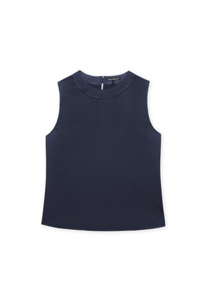 Navy sleeveless top made of smooth fabric featuring a round neckline and back zip closure, with a clean, modern silhouette.