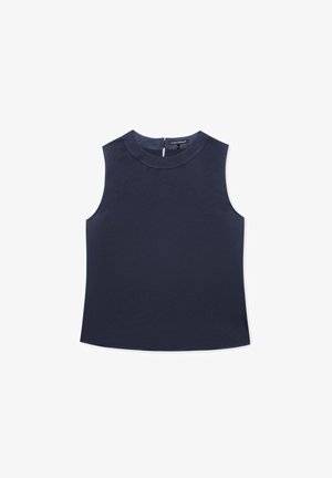 Navy sleeveless top made of smooth fabric featuring a round neckline and back zip closure, with a clean, modern silhouette.