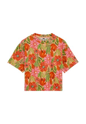 Trumpomis rankovėmis, apvalia iškirpte marškinėliai su ryškiu rožinės ir oranžinės spalvų gėlių raštu bei žaliais lapais ant šviesiai kreminės spalvos fono.