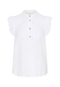 Weiße Bluse mit Mandarin-Kragen, kurzen Rüschensleeves und einer Knopfleiste mit drei beigen Knöpfen. Leichter Stoff.