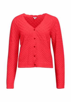 Rode gebreide cardigan met lange mouwen, V-hals, knoopsluiting aan de voorkant en een getextureerd diamantpatroon.