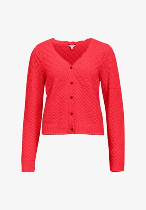 Rød strikket cardigan med lange ermer, V-hals, knapper foran og teksturert diamantmønster.