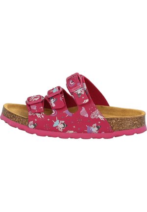 Pink sandals with three adjustable straps, featuring a whimsical design of fairies and stars. Cork footbed and rubber outsole for comfort.