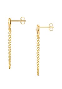Boucles d'oreilles dorées au design de clou avec un long accent de chaîne pendante. La chaîne est composée de boucles entrelacées.