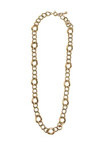 Złota naszyjnik w formie łańcuszka z połączonymi owalnymi ogniwami. Gładka faktura z wypolerowanym wykończeniem oraz zapięcie z tyłu.