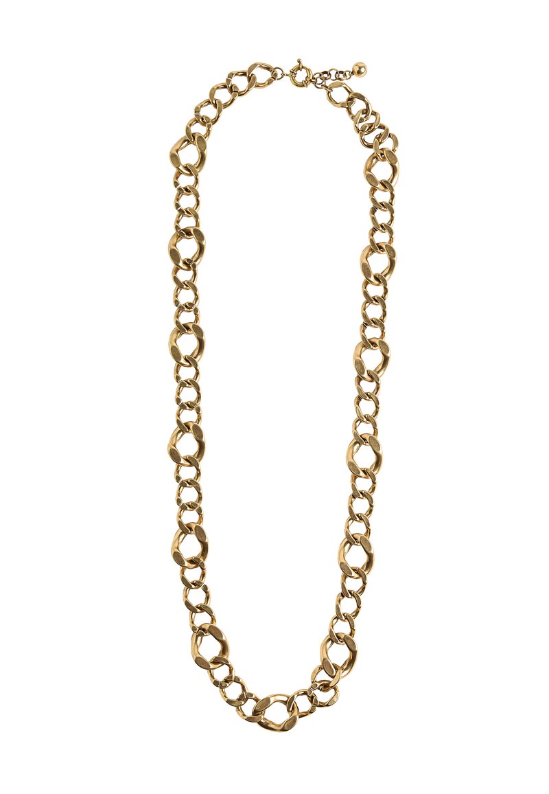 Złota naszyjnik w formie łańcuszka z połączonymi owalnymi ogniwami. Gładka faktura z wypolerowanym wykończeniem oraz zapięcie z tyłu.