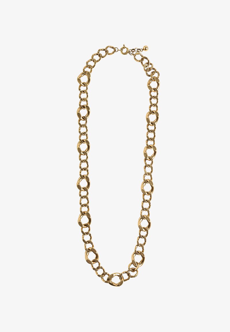 Złota naszyjnik w formie łańcuszka z połączonymi owalnymi ogniwami. Gładka faktura z wypolerowanym wykończeniem oraz zapięcie z tyłu.
