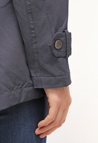 Navy blue jacket sleeve featuring a buttoned tab at the cuff, smooth textured fabric, clean stitching, and a straight cut.