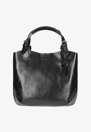 Borsa a tracolla nera in pelle con una consistenza liscia, forma arrotondata, doppi manici superiori e una tracolla removibile; presenta un dettaglio logo discreto.