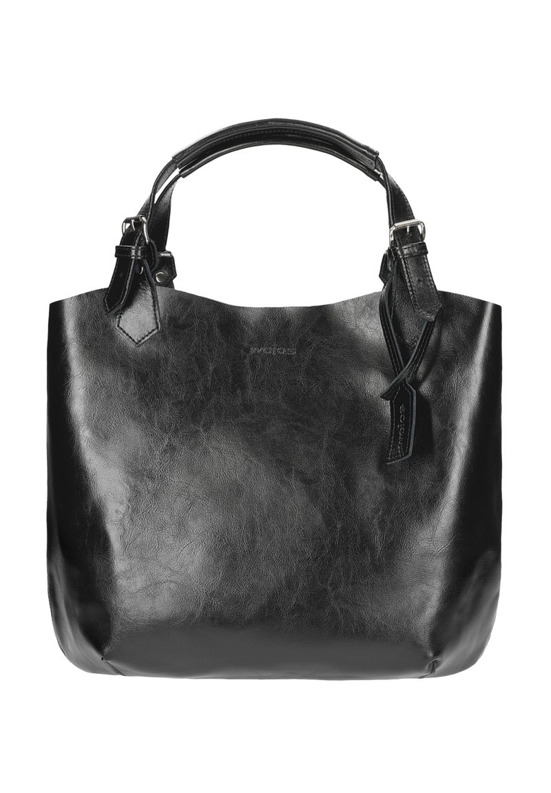 Borsa a tracolla nera in pelle con una consistenza liscia, forma arrotondata, doppi manici superiori e una tracolla removibile; presenta un dettaglio logo discreto.