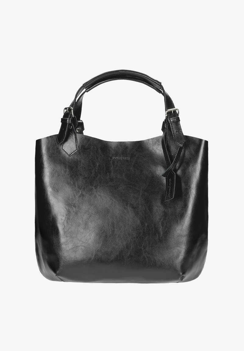 Czarna skórzana torba tote o gładkiej fakturze, okrągłym kształcie, z podwójnymi uchwytami na górze oraz odpinanym paskiem; posiada subtelną detalizację logo.