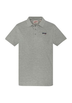 Koszulka polo w jasnoszarym kolorze, z kołnierzykiem, zapięciem na dwa guziki oraz małym granatowym haftem logo po lewej stronie na piersi. Krótkie rękawy.