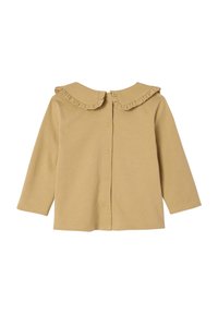 Light brown long-sleeve shirt with large ruffled collar, button-up front, soft cotton material, and a smooth texture.