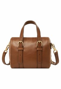 Sac à main en cuir brun avec doubles poignées, accents en métal doré, forme cylindrique et une bandoulière ajustable. Surface texturée avec des détails.