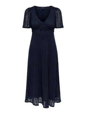 Abito midi in pizzo blu navy con maniche corte a sbuffo, scollatura a V, dettaglio con fiocco frontale, gonna svasata e tessuto in pizzo trasparente.