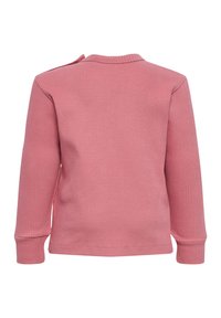 Rosa ribbad långärmad topp med rund halsringning och sidoknappar, med en strukturerad tyg och figurnära passform.