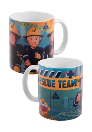 Two white mugs with colorful Fireman Sam rescue team design featuring cartoon firefighters in helmets and safety symbols.
