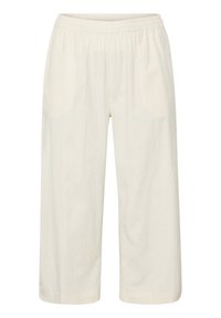 Pantaloni cropped beige chiaro realizzati in tessuto morbido con vita elasticizzata e due tasche laterali. Design a gamba dritta con una texture liscia.