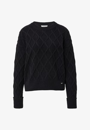 Maglione nero in maglia con motivo a diamante, scollatura e polsini a coste, e orlo inferiore aderente. Il tessuto testurizzato offre profondità e dimensione.
