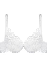 White lace bra featuring scalloped edges, padded cups, and adjustable straps with a smooth texture and floral pattern.
