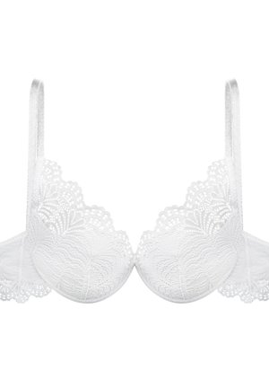 Weißer Spitzen-BH mit gewellten Kanten, gepolsterten Cups und verstellbaren Trägern, einem glatten Stoff und floralem Muster.