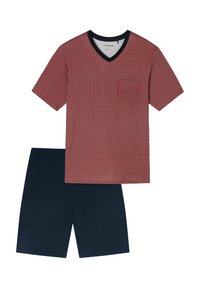 Rot- und marineblaues Kurzarm-Pyjama-Set. Das V-Ausschnitt-Shirt hat eine kleine Tasche und ein geometrisches Muster. Die Shorts sind einfarbig marineblau.
