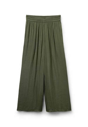 Volné široké kalhoty olivově zelené barvy s elastickým pasem a měkkou texturovanou tkaninou.