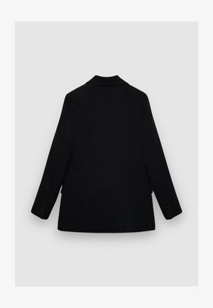 Schwarzer, maßgeschneiderter Blazer, von hinten gezeigt, mit langen Ärmeln, Reverskragen mit Kerb, und Knopfdetails an den Manschetten vor schlichtem Hintergrund.