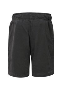 Schwarze Shorts mit elastischem Bund in einem schlichten, unverzierten Design und glatter Textur, die eine lockere Passform und geraden Schnitt bieten.