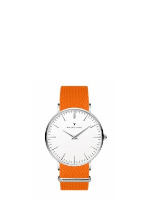 Minimalist silver wristwatch with white dial, thin hour markers, three hands, and textured bright orange strap.