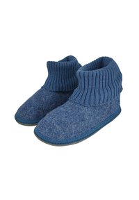 Blauwe vilten slippers met een geribbelde breicollier, ronde neus en antislipzool. Gemaakt van zacht materiaal voor comfort en warmte.