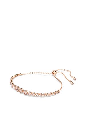 Roze gouden choker ketting met een kettingontwerp, voorzien van een rij heldere, ronde kristallen en een verstelbare sluiting met hangende uiteinden.