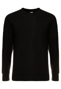Felpa nera in maglia con texture a coste, colletto rotondo e maniche lunghe. Presenta una vestibilità comoda e un discreto marchio all'interno del colletto.