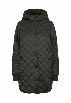 Quiltet, mørkegrøn polstret jakke med hætte, knaplukninger og sidelommer med lynlås; har ribbede manchetter og et mellemlangt design.