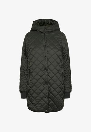 Gequiltede, donkergroene gewatteerde jas met een capuchon, knoopsluitingen en zijzakken met rits; heeft ribbelboorden en een middenlange uitstraling.
