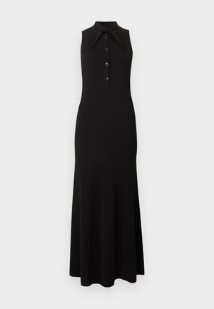 Vestido maxi negro sin mangas con textura acanalada, abertura frontal con botones y detalle de cuello con lazo.