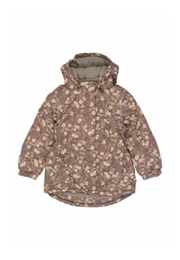 Paars jas met bloemenpatroon, capuchon, gewatteerd ontwerp, elastische manchetten en een grijze fleece voering. Voorzien van een drukknoopsluiting.