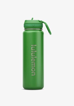 Roheline isoleeritud veepudel klapikaane ja kaasaskandmiskäepidemega, millel on vertikaalne „lululemon“ logo kehale.