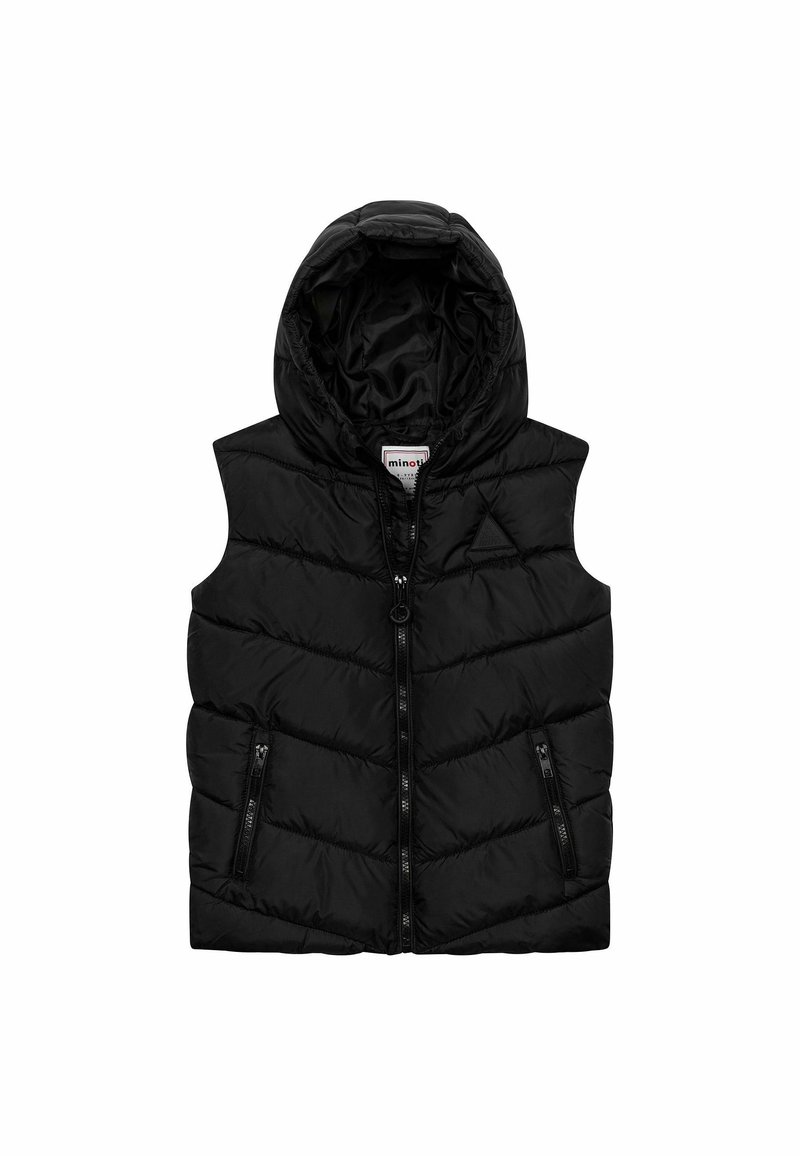Gilet sans manches matelassé noir avec capuche, fermeture éclair devant et deux poches latérales zippées, présenté sur fond blanc uni.