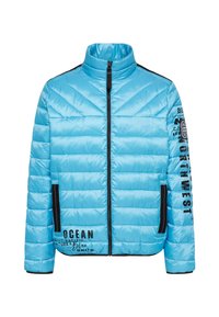 Padded blue jacket with vertical and chevron quilted design. Features black accents, a high collar, and printed text on the arm and lower side.