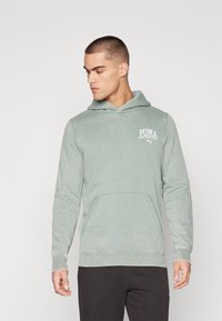 Mint green hoodie with a kangaroo pocket, drawstring hood, and white logo. Soft, textured fabric and fitted cuffs and hem.