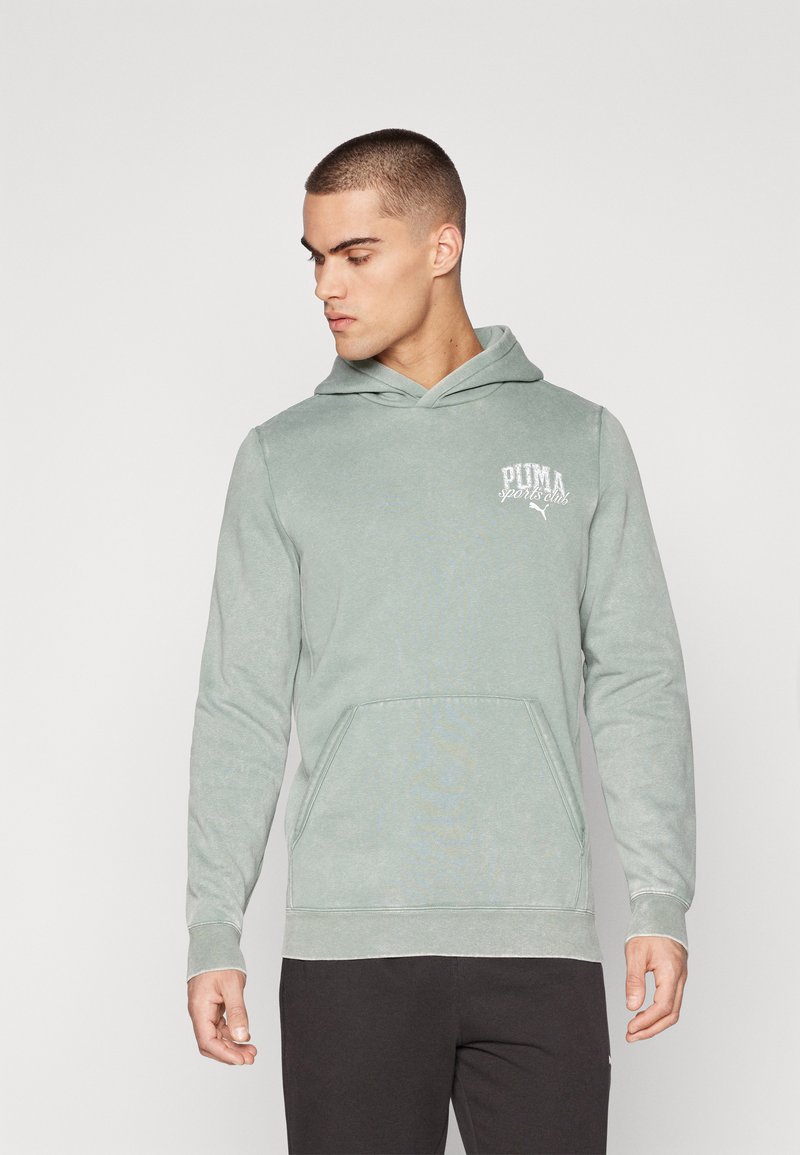 Mint green hoodie with a kangaroo pocket, drawstring hood, and white logo. Soft, textured fabric and fitted cuffs and hem.