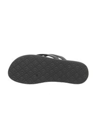 Black rubber sandal sole with a textured pattern of raised diamonds and logo, featuring curved edges and slight indentation for arch support.
