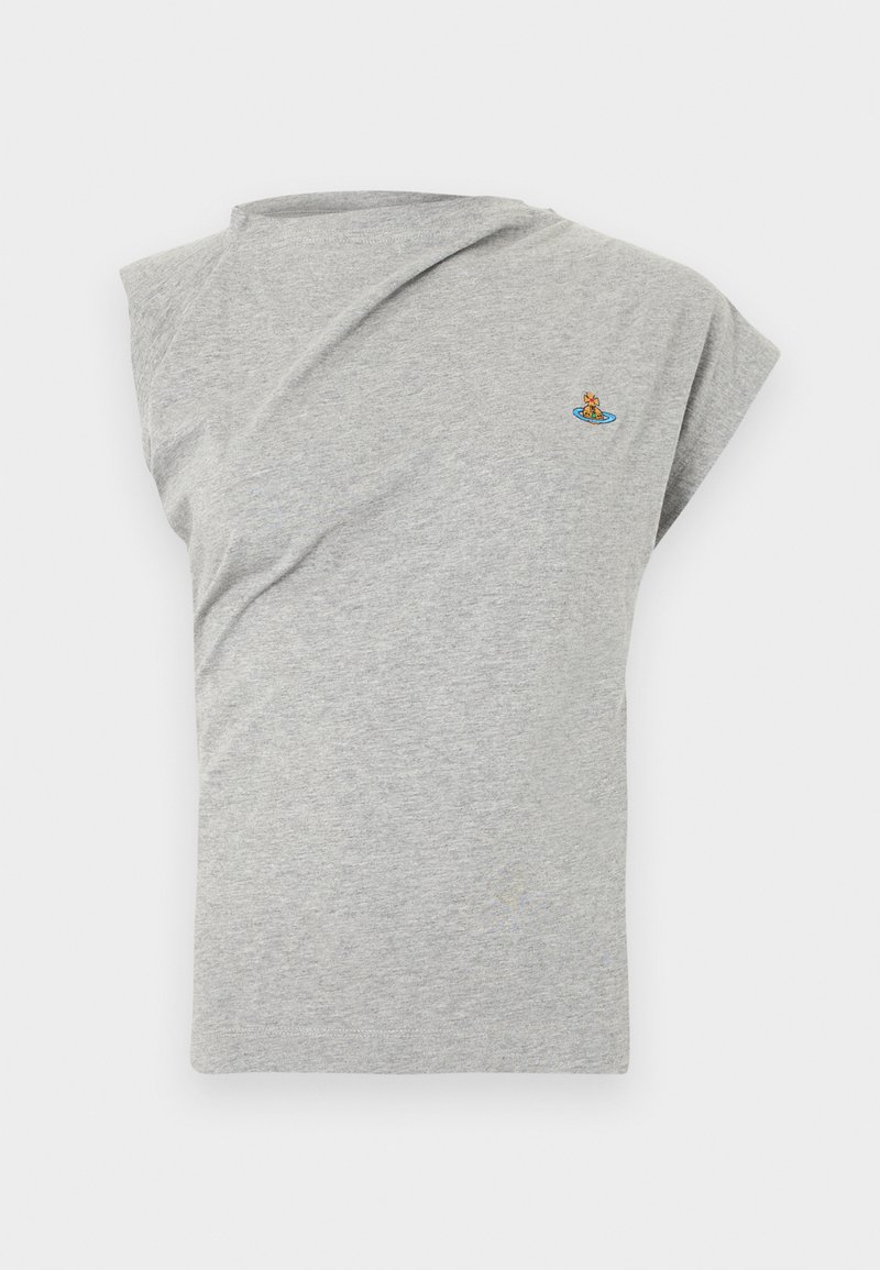 Gray short-sleeved t-shirt with an asymmetric design. Features a small embroidered graphic on the chest. Made of soft cotton material.