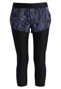 Svarta och lila träningsleggings med ett mönstrat övre avsnitt med virvlar, en figurnära design och kontrasterande sidopaneler.