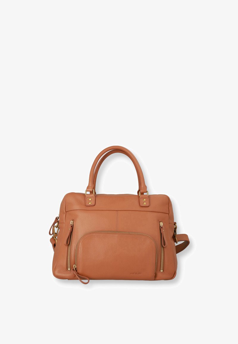 Tan leather handbag with two top handles, gold hardware, front zip pockets, and a removable shoulder strap. Textured finish adds detail.