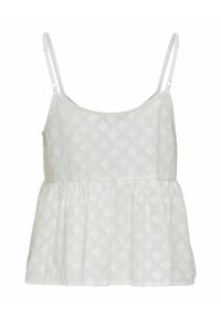 Top blanco sin mangas con tirantes ajustables, tejido texturizado que presenta un patrón de diamantes y un dobladillo acampanado tipo peplum.